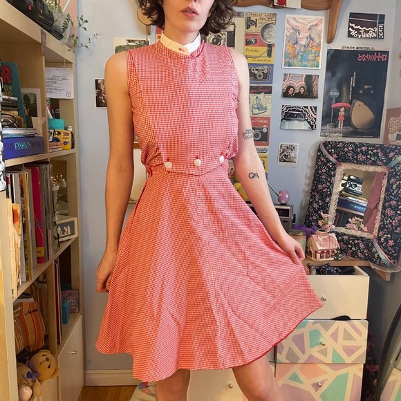 50s gingham plaid Honeylane XXS plaid circle skirt, sleeveless shirt, and bib! - Picture 1 of 16